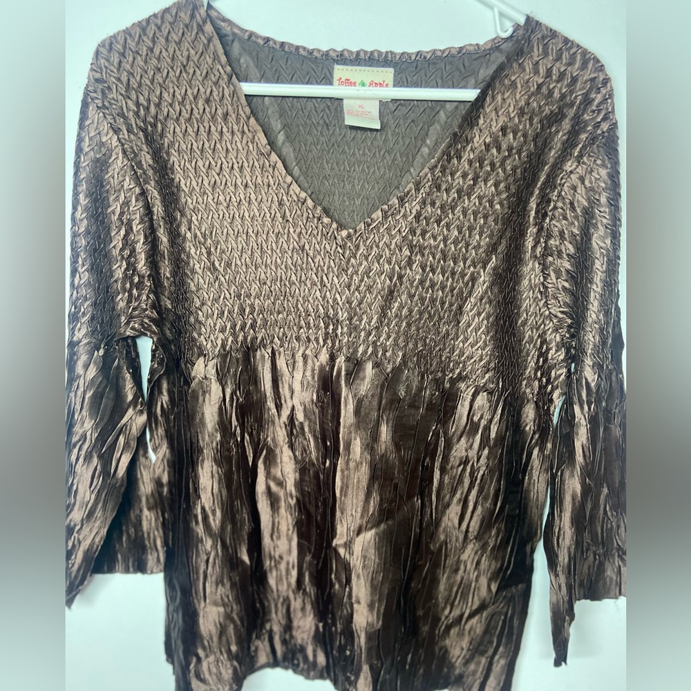 Apple Textured Brown V-Neck Blouse